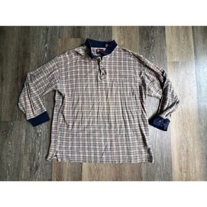 International Trading Company Polo Shirt Mens XXL Blue Orange Plaid Long Sleeve